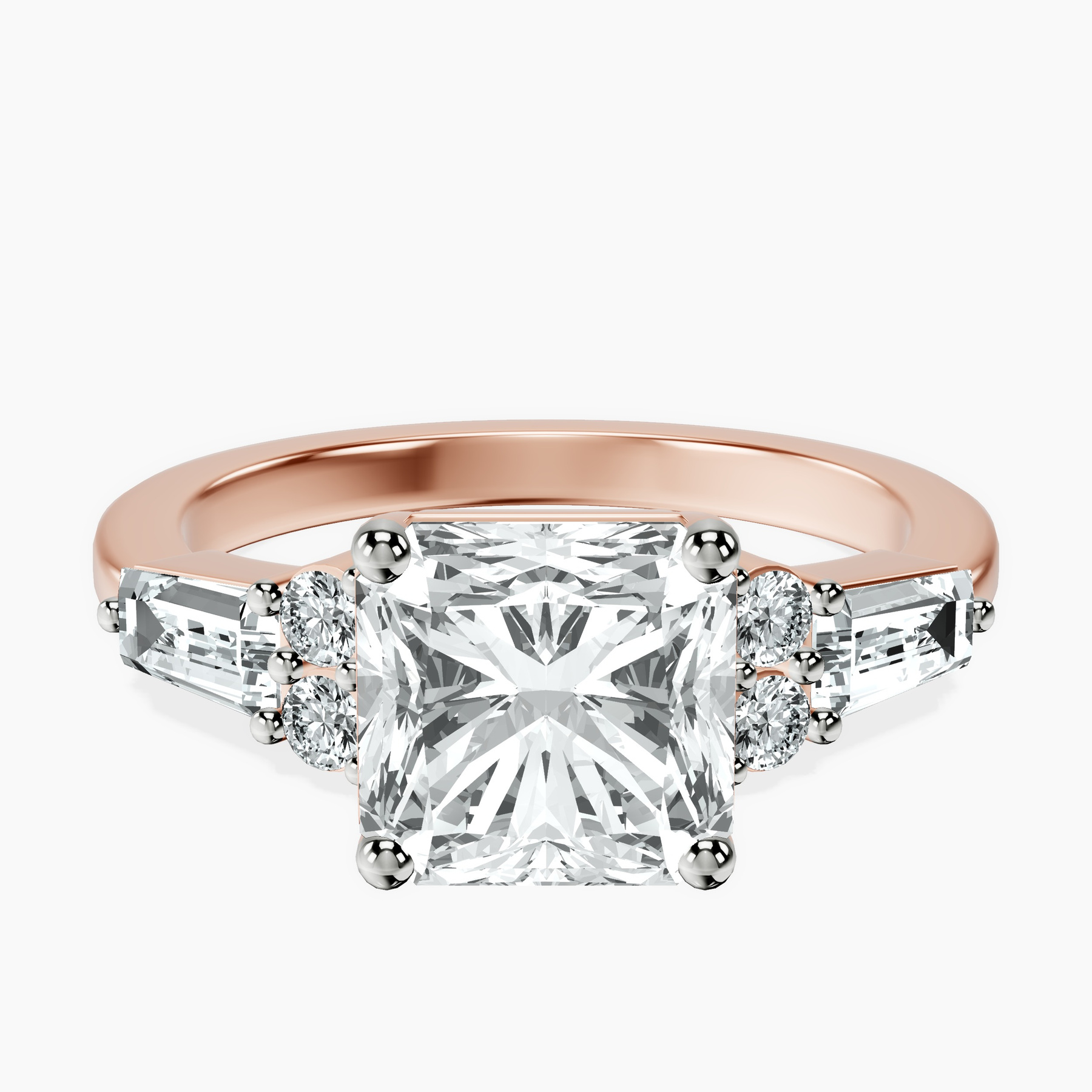2.65 ct. radiant Helia Tapered Baguette Lab Diamond Ring in 18kt rose gold rtr top