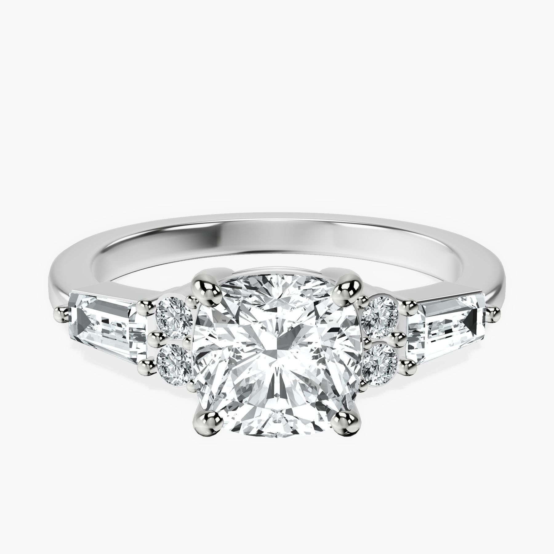 1.49 ct. cushion Helia Tapered Baguette Lab Diamond Ring in 10kt white gold rtr top