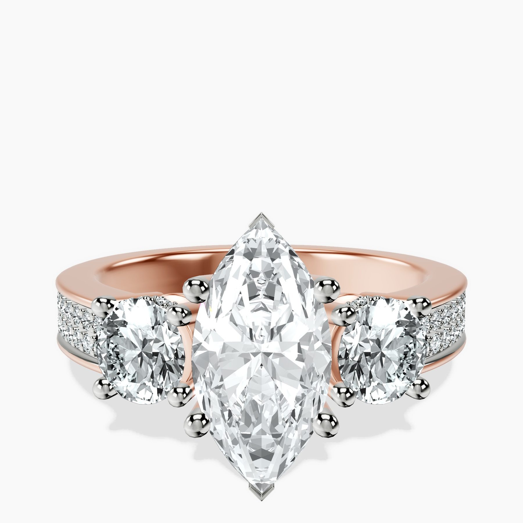 1.43 ct. marquise Desdemona Round Three Stone Lab Diamond Ring in 10kt rose gold rtr top