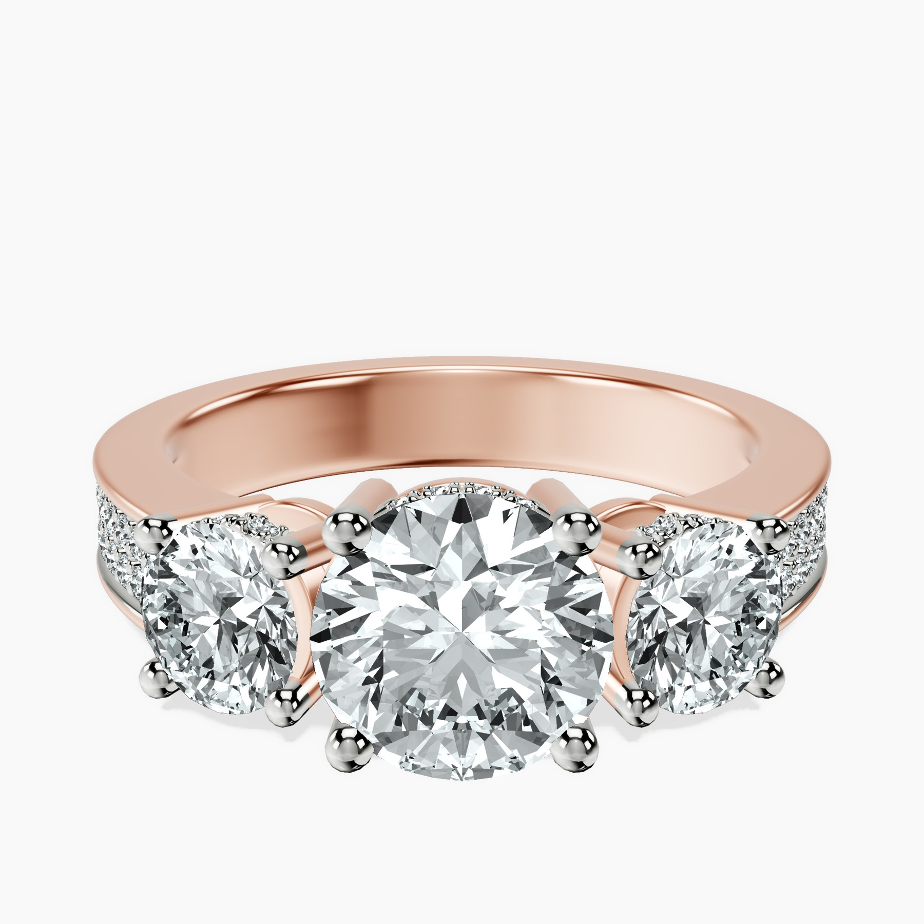 2.82 ct. round Desdemona Round Three Stone Lab Diamond Ring in 18kt rose gold rtr top