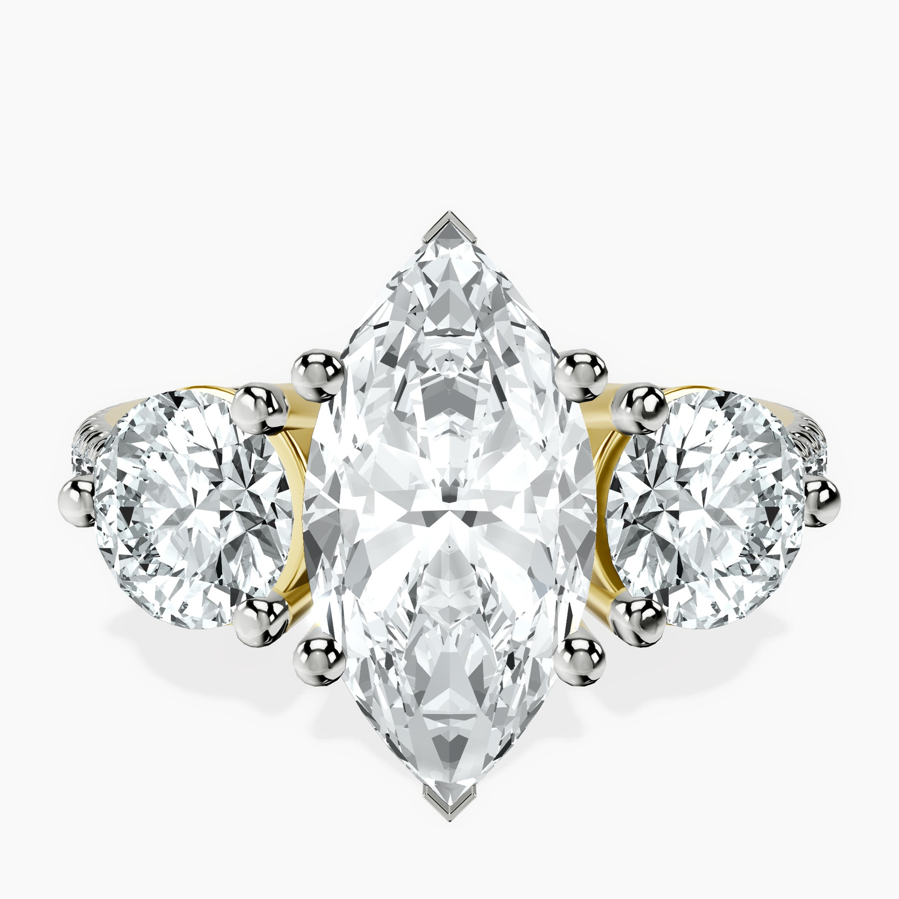 2.92 ct. marquise Artemis Round Three Stone Lab Diamond Ring in 18kt yellow gold rtr top