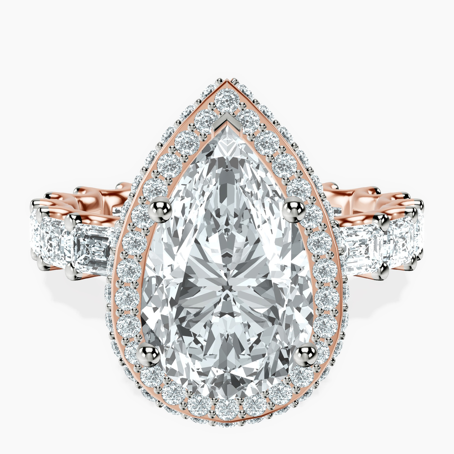 2.59 ct. pear Amaryllis Side Emerald Lab Diamond Ring in 14kt rose gold rtr top