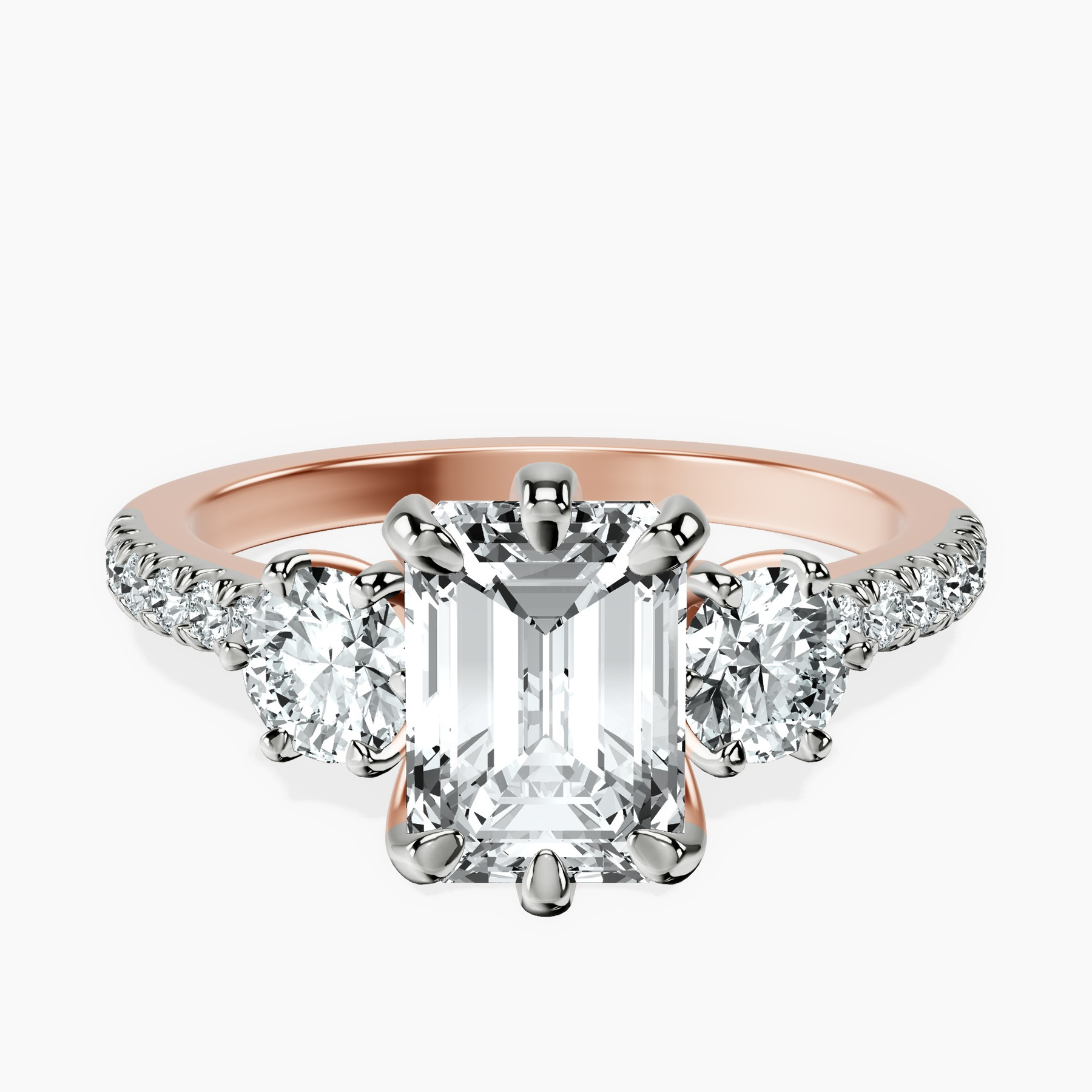 18kt Rose Gold Tiara Three stone Lab Diamond Ring front image