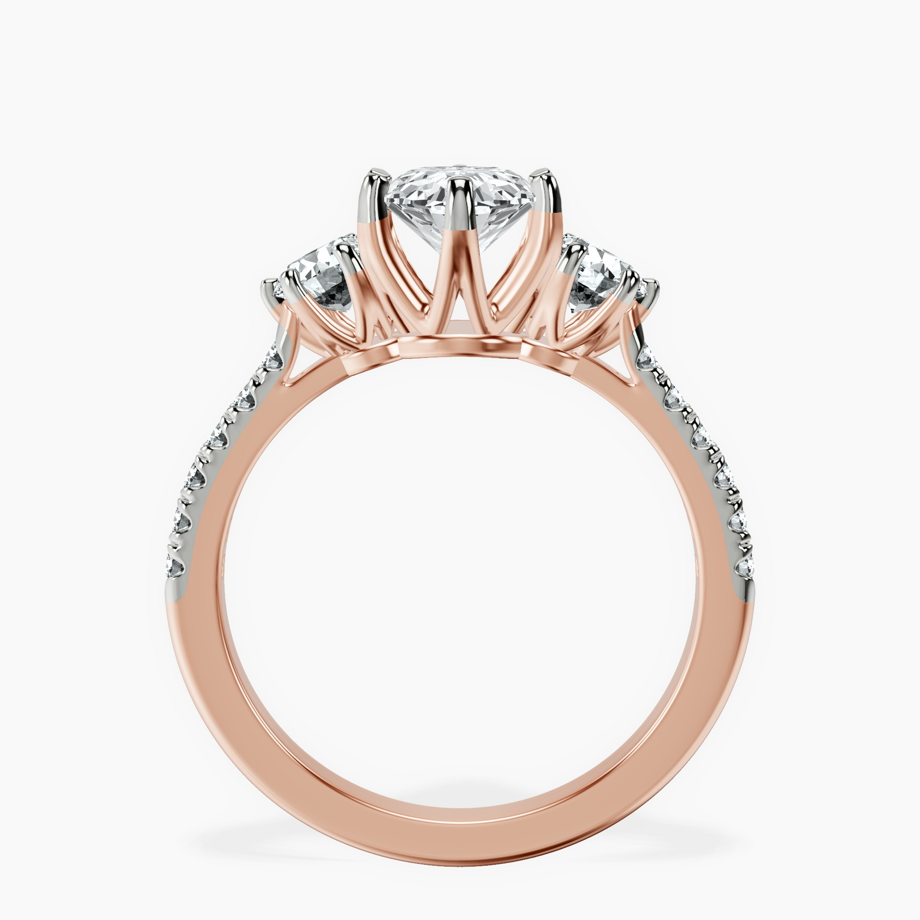 10kt Rose Gold Tiara Three stone Lab Diamond Ring side right image one