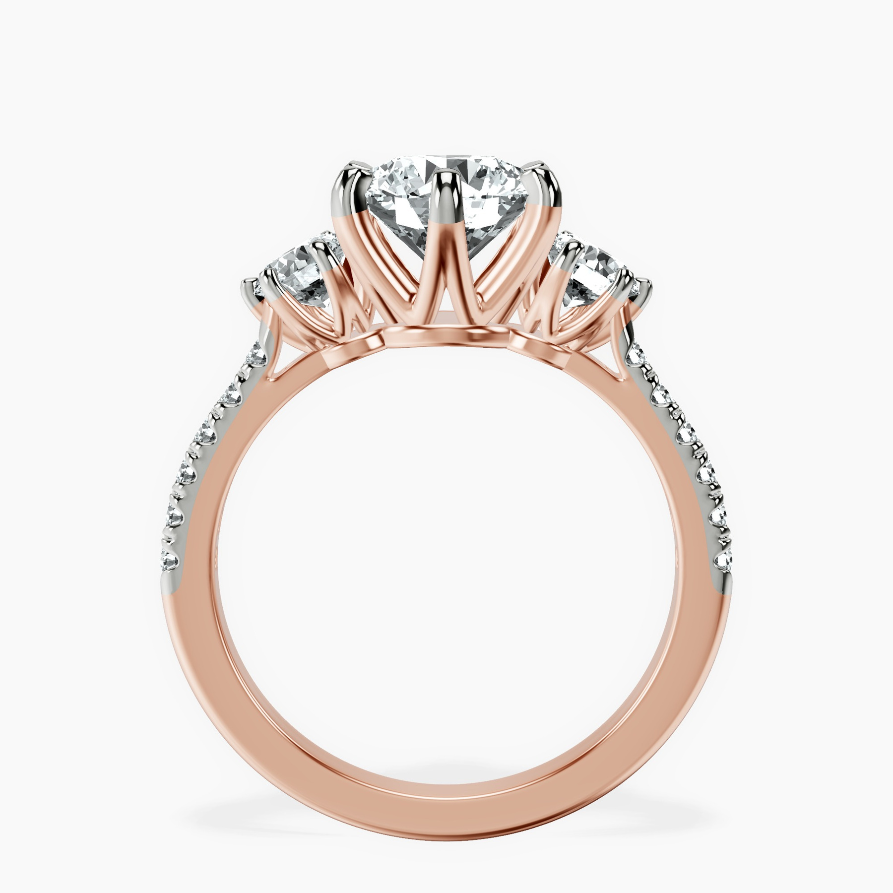 10kt Rose Gold Tiara Three stone Lab Diamond Ring side right image one
