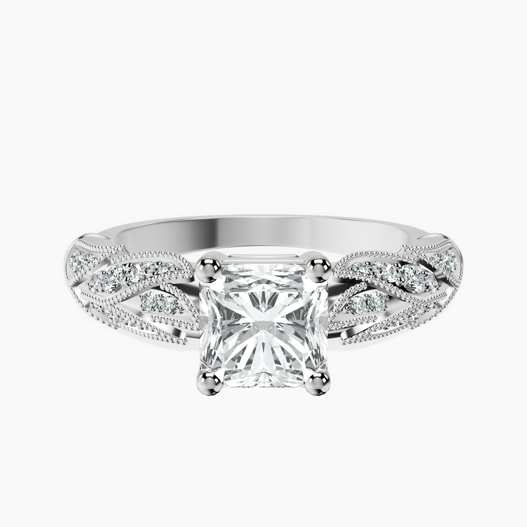 2.65 ct. radiant Vintage Willow Ring in 14kt white gold rtr top