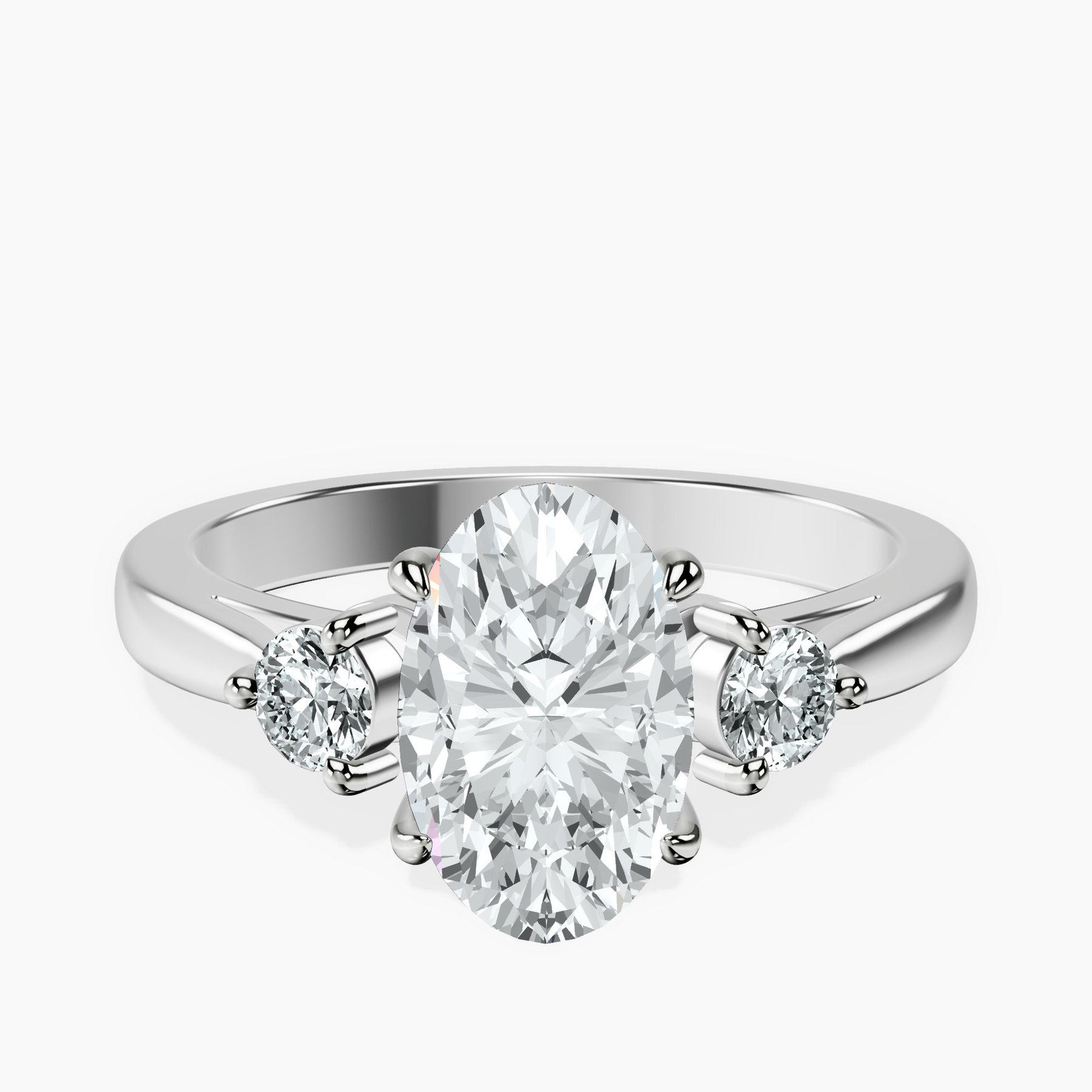 2.06 ct. oval Synthia Three Stone Ring in 10kt white gold rtr top