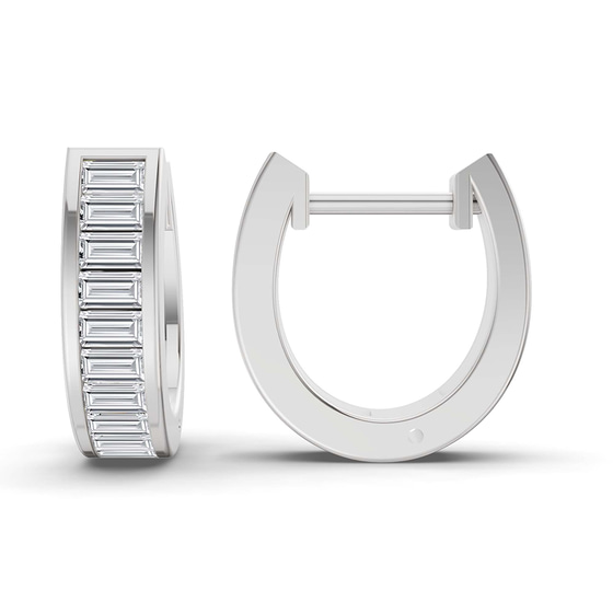 Lena Baguette Lab Diamond Huggie Earrings left view