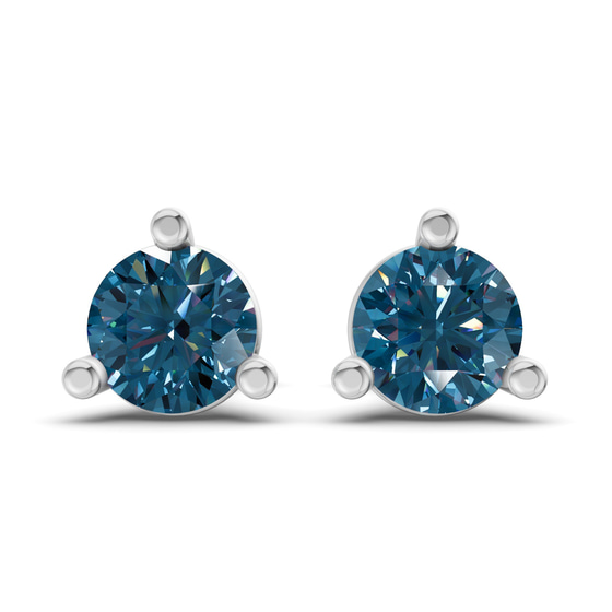 Three Prong Martini Round Royal Blue Lab Diamond Stud Earrings front view