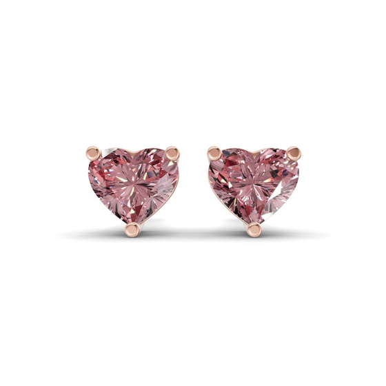 Three Prong Heart Vivid Pink Lab Diamond Stud Earrings front view