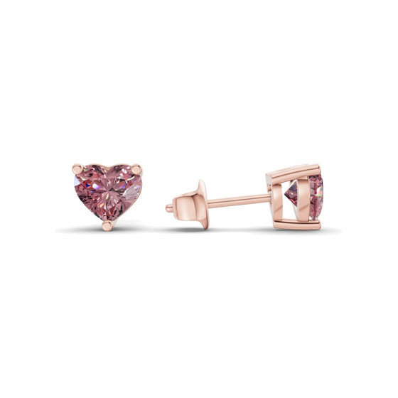 Three Prong Heart Vivid Pink Lab Diamond Stud Earrings left view