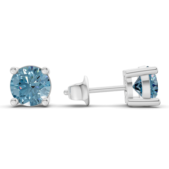 Four Prong Round Ice Blue Lab Diamond Stud Earrings left view