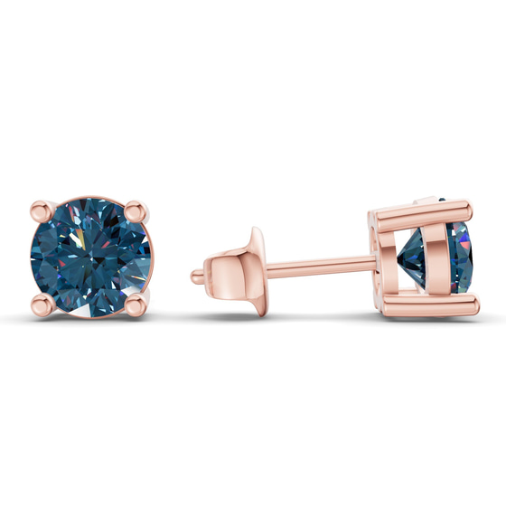 Four Prong Round Royal Blue Lab Diamond Stud Earrings left view