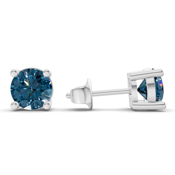 Four Prong Round Royal Blue Lab Diamond Stud Earrings left view