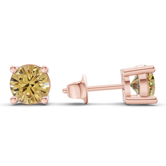 Four Prong Round Lemon Yellow Lab Diamond Stud Earrings left view