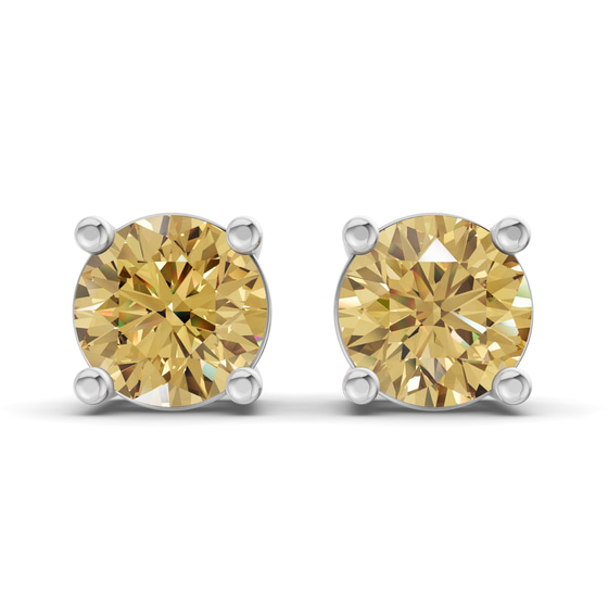 Four Prong Round Lemon Yellow Lab Diamond Stud Earrings front view