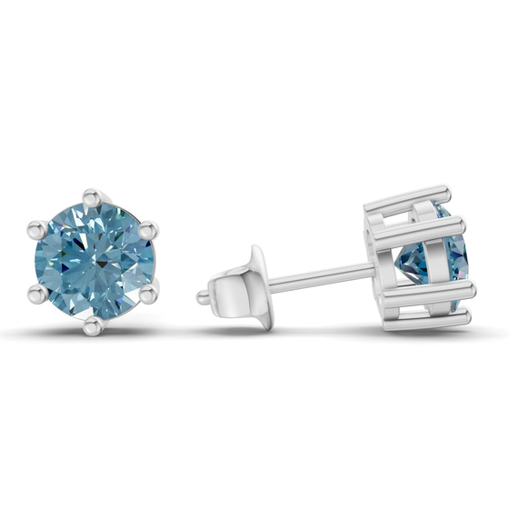 Six Prong Round Ice Blue Lab Diamond Stud Earrings left view