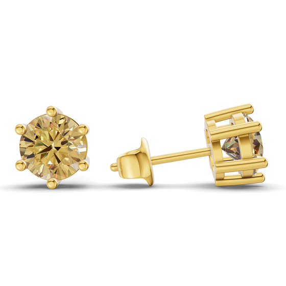 Six Prong Round Lemon Yellow Lab Diamond Stud Earrings left view
