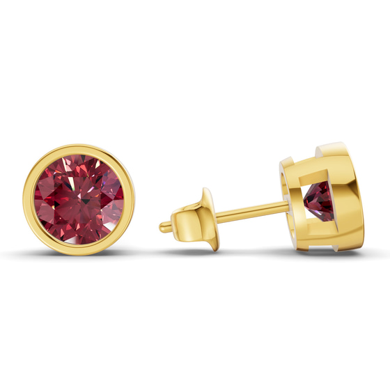 Classic Bezel Round Cherry Cognac Lab Diamond Stud Earrings left view