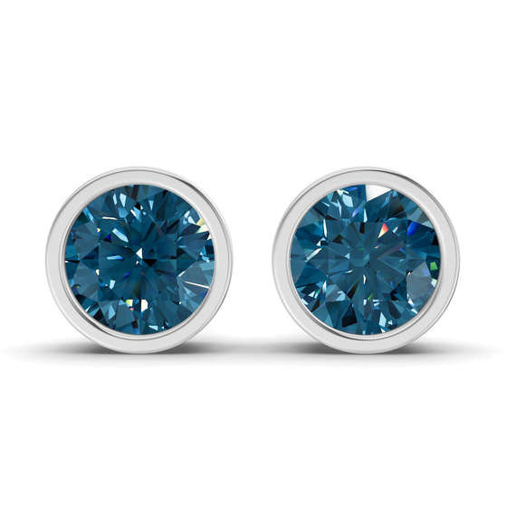 Classic Bezel Round Royal Blue Lab Diamond Stud Earrings front view