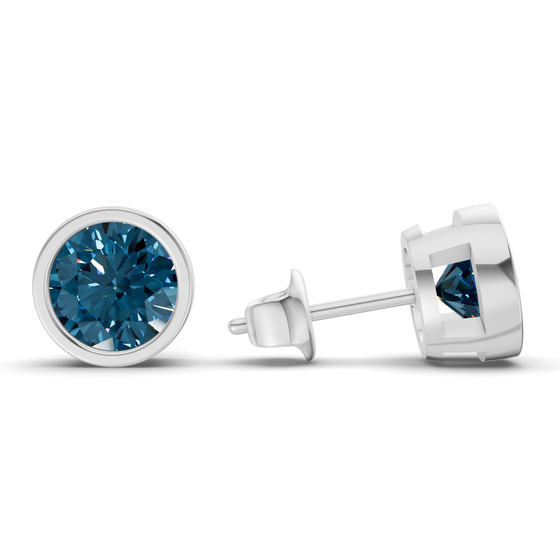 Classic Bezel Round Royal Blue Lab Diamond Stud Earrings left view