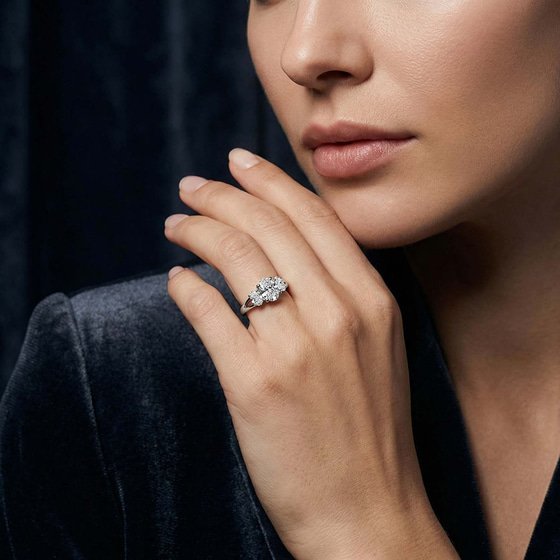 Georgina Rodriguez Three Stone Side Oval Lab Diamond Ring left view