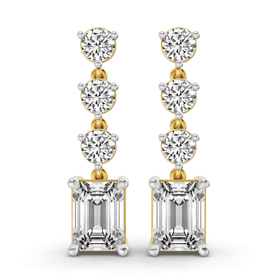 Emerald and Round Fashion Lab Diamond Dangle Earrings front view