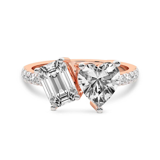 Vega Two Stone Emerald and Heart Toi Et Moi Lab Grown Diamond Ring front view