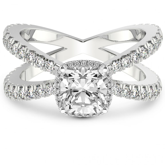 4.00 Ct Cushion Cut Electra Criss Cross Halo Lab Diamond Ring in 14kt White Gold front image