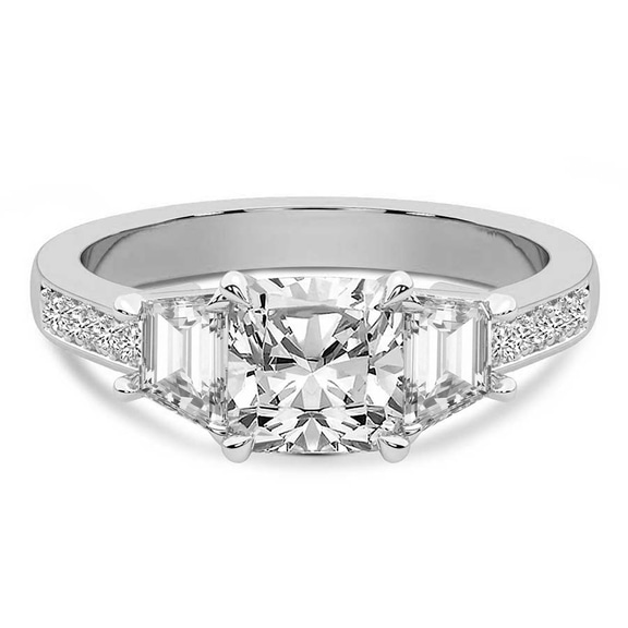 3.60 Ct CUSHION Cut Daria Trapezoid Three Stone Lab Diamond Ring in 18kt White Gold front image