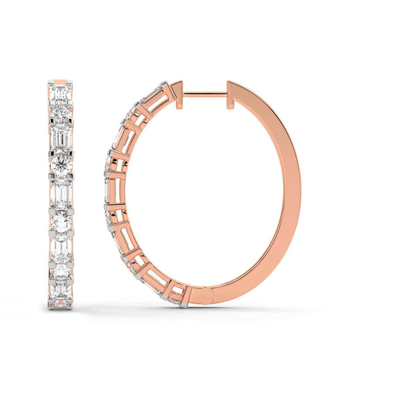 9ct Rose Gold Olea Emerald and Round Lab Diamond Hoop Earrings (3 Ct. Tw.) left