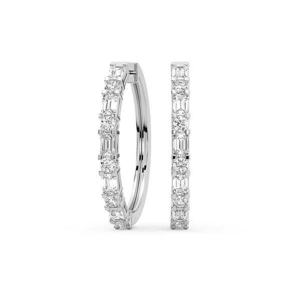 14ct White Gold Olea Emerald and Round Lab Diamond Hoop Earrings (5 Ct. Tw.) front image