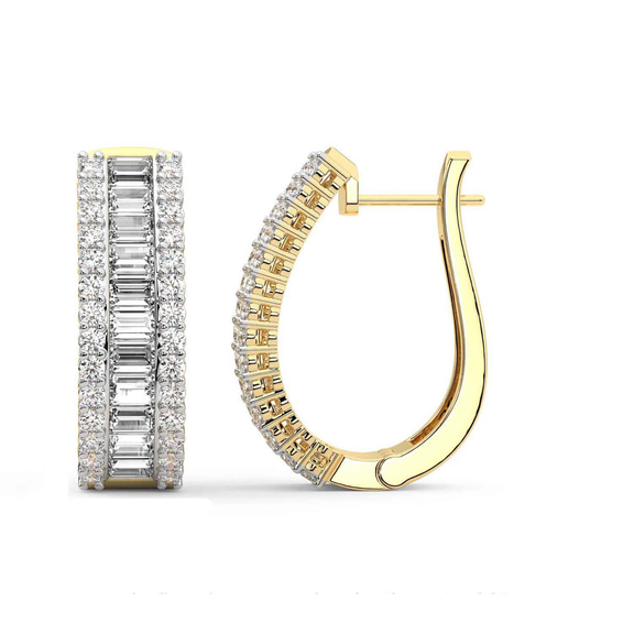 14ct Yellow Gold Cassian Baguette Round Lab Diamond Hoop Earrings (8 Ct. Tw.) left
