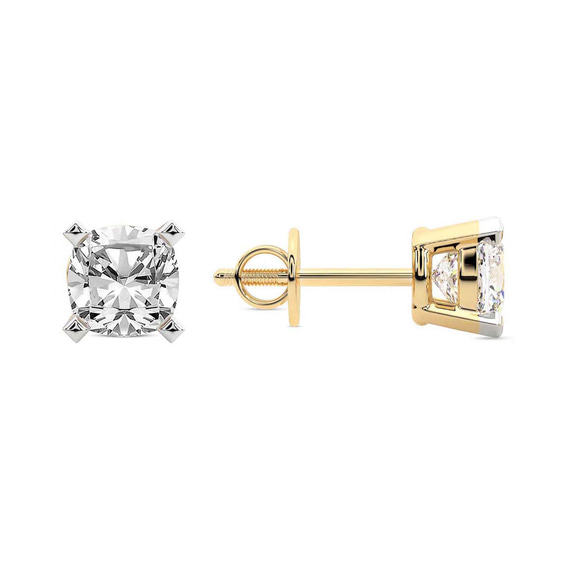 14ct Yellow Gold Four Prong Cushion Lab Diamond Stud Earrings (1 Ct. Tw.) left