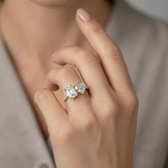 10kt Yellow Gold Vega Two Stone Emerald and Heart Toi Et Moi Lab Grown Diamond Ring (1 Ct. Tw.) model