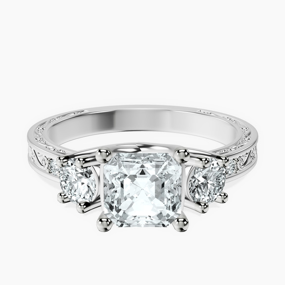 Platinum Valencia Three Stone Vintage Lab Diamond Ring front image