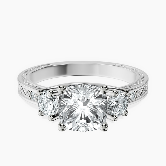 Platinum Valencia Three Stone Vintage Lab Diamond Ring front image