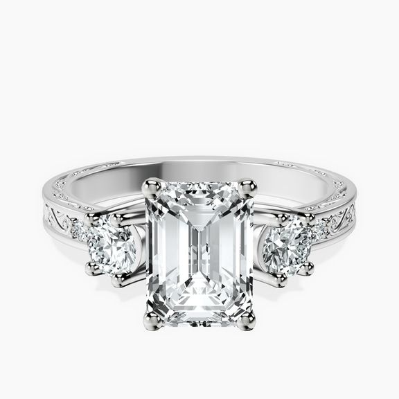 Platinum Valencia Three Stone Vintage Lab Diamond Ring front image