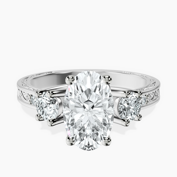 Platinum Valencia Three Stone Vintage Lab Diamond Ring front image