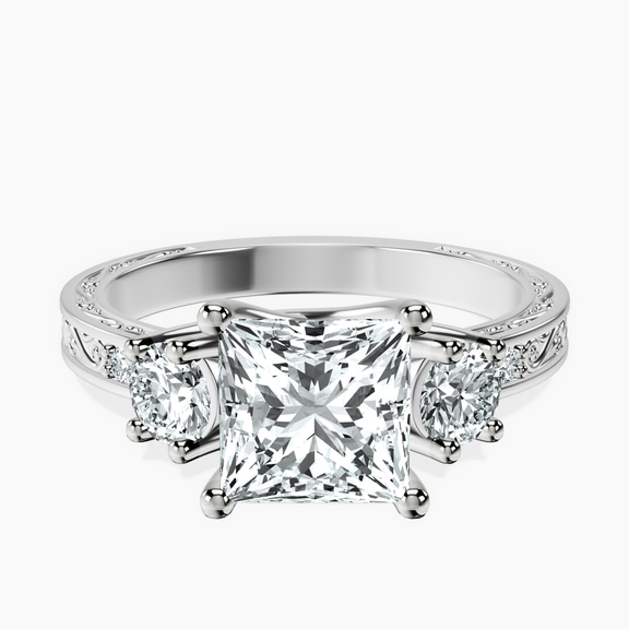 Platinum Valencia Three Stone Vintage Lab Diamond Ring front image