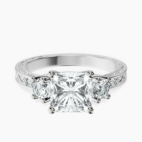 Platinum Valencia Three Stone Vintage Lab Diamond Ring front image