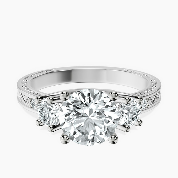 10kt White Gold Valencia Three Stone Vintage Lab Diamond Ring front image