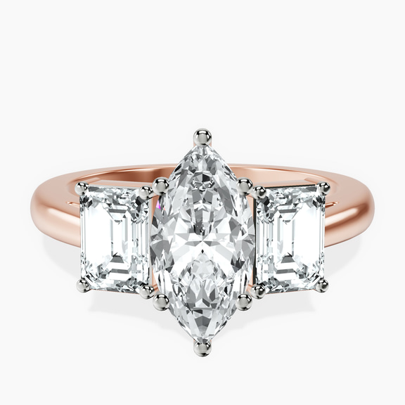 18kt Rose Gold Lauren Three stone Side Emerald Lab Diamond Ring front image