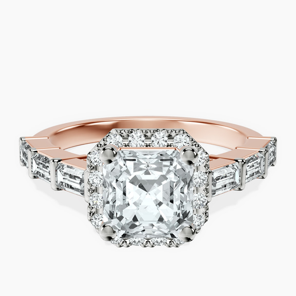 9ct Rose Gold Rachel Halo Side Stone Lab Diamond Ring front image
