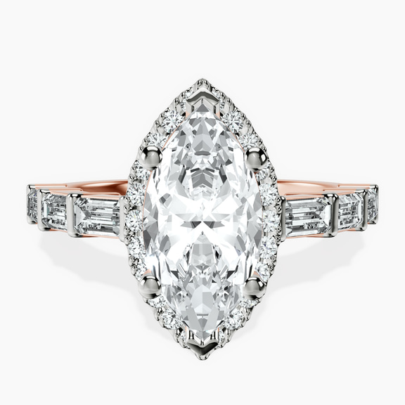 18ct Rose Gold Rachel Halo Side Stone Lab Diamond Ring front image