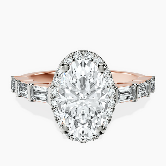 18ct Rose Gold Rachel Halo Side Stone Lab Diamond Ring front image