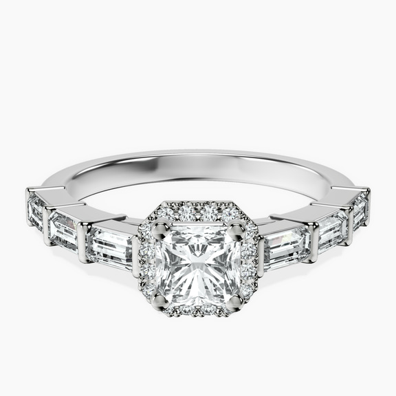18kt White Gold Rachel Halo Side Stone Lab Diamond Ring front image