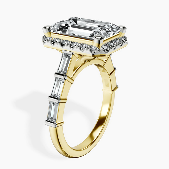 18kt Yellow Gold Rachel Halo Side Stone Lab Diamond Ring standing product image one