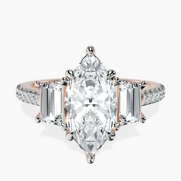 14ct Rose Gold Lavinia Three Stone Trapezoid Lab Diamond Ring front image
