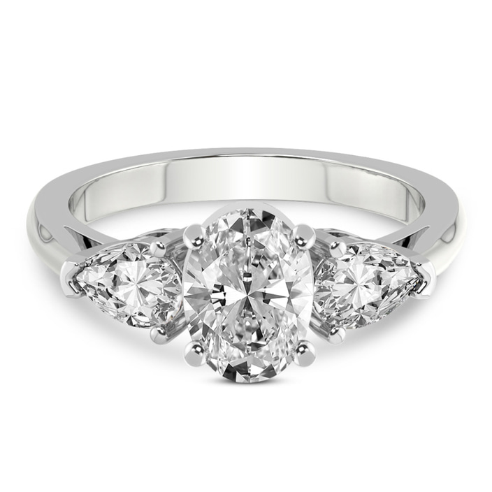 2.51 Ct Oval Cut Della Three stone Side Pear Lab Diamond Ring in 14kt White Gold front image